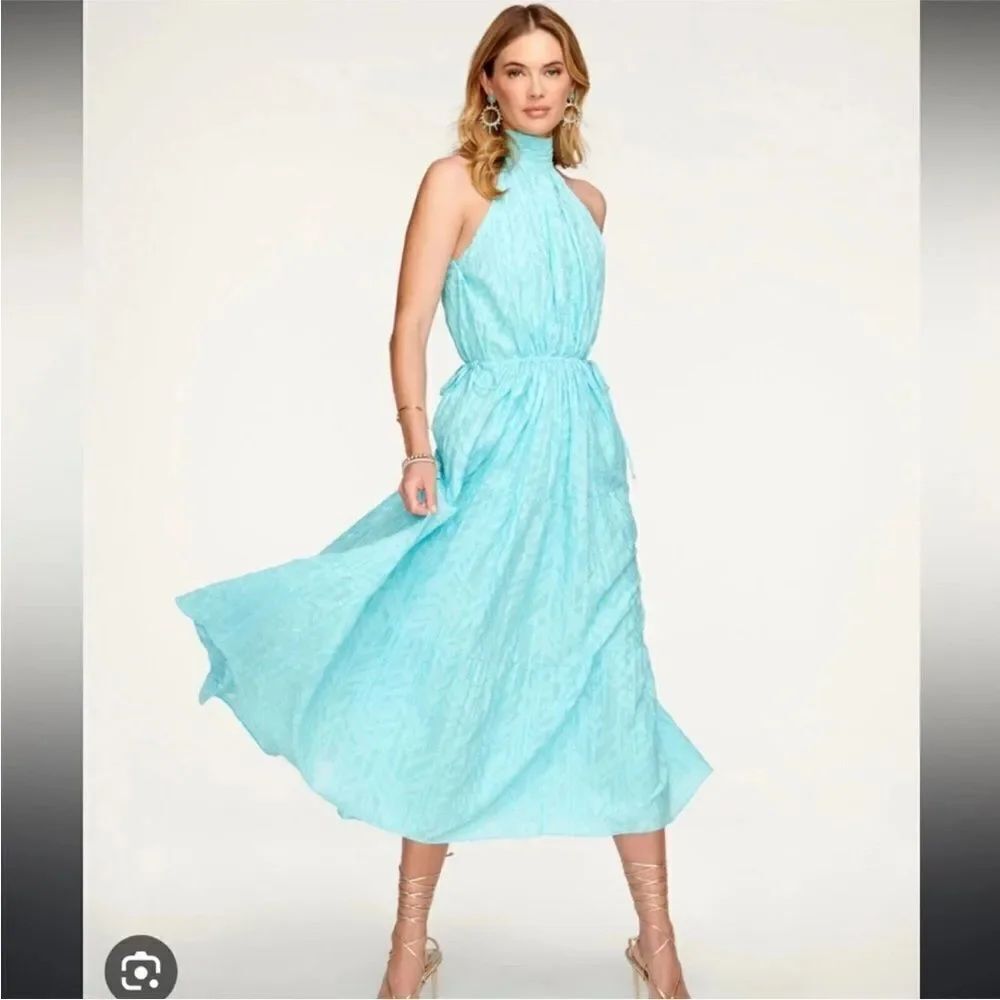 RAMY BROOK Jess Halter Midi Dress Sky Blue Textured Cotton Back Bow Tie Sz M